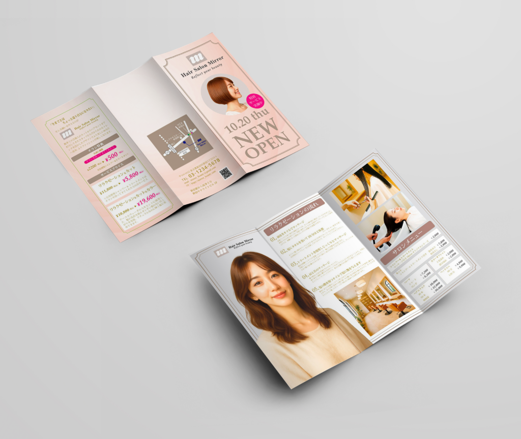 ヘアサロンミラーの三つ折りパンフレット