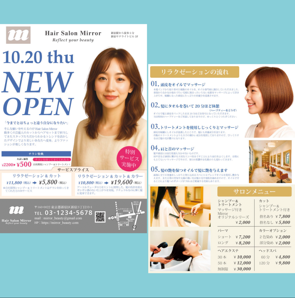 ヘアサロンミラーの両面チラシ